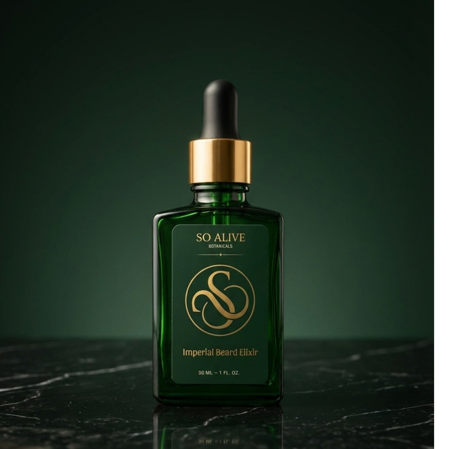 Green bottle of 'Imperial Beard Elixir' with dropper on a dark background