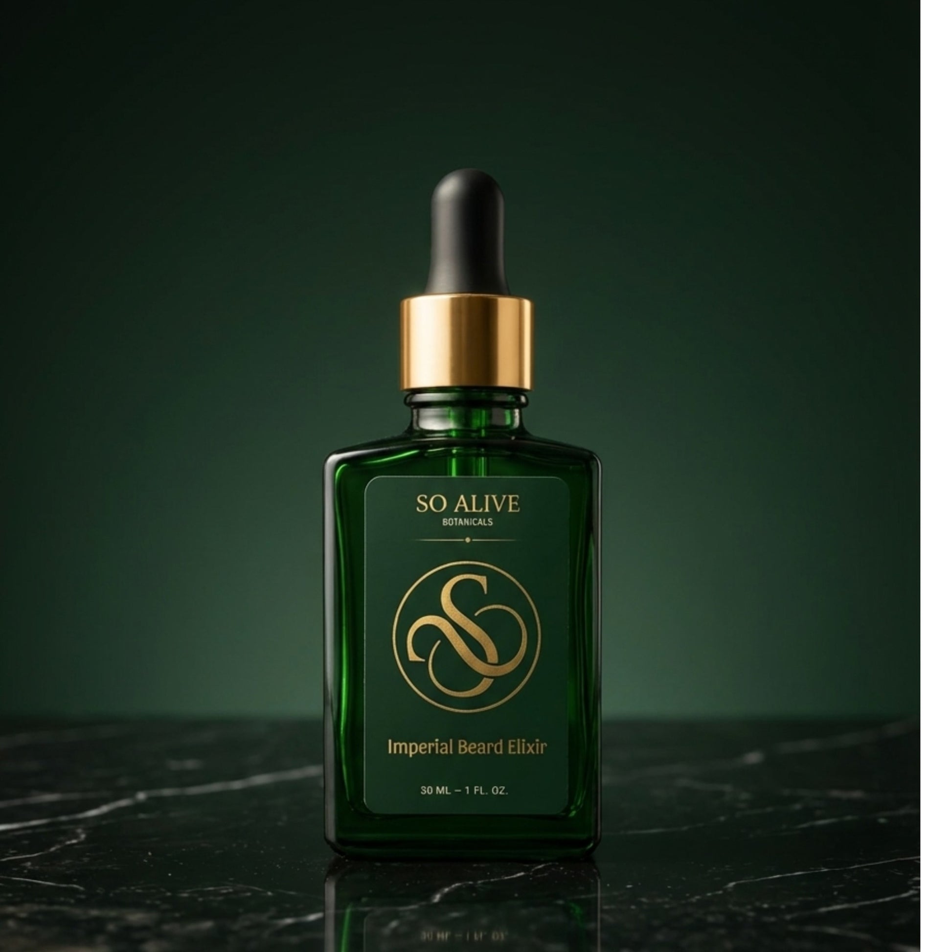 Green bottle of 'Imperial Beard Elixir' with dropper on a dark background