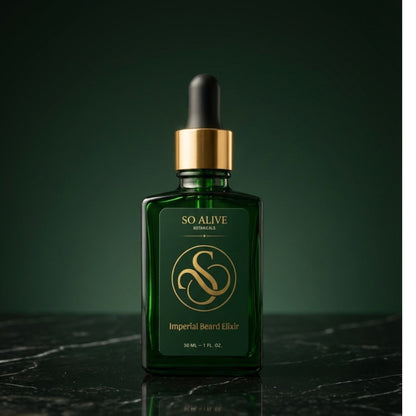 Green bottle of 'Imperial Beard Elixir' with dropper on a dark background
