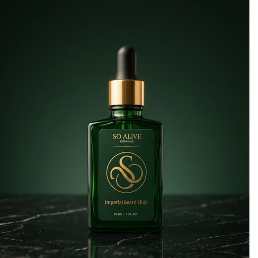 Green bottle of 'Imperial Beard Elixir' with dropper on a dark background